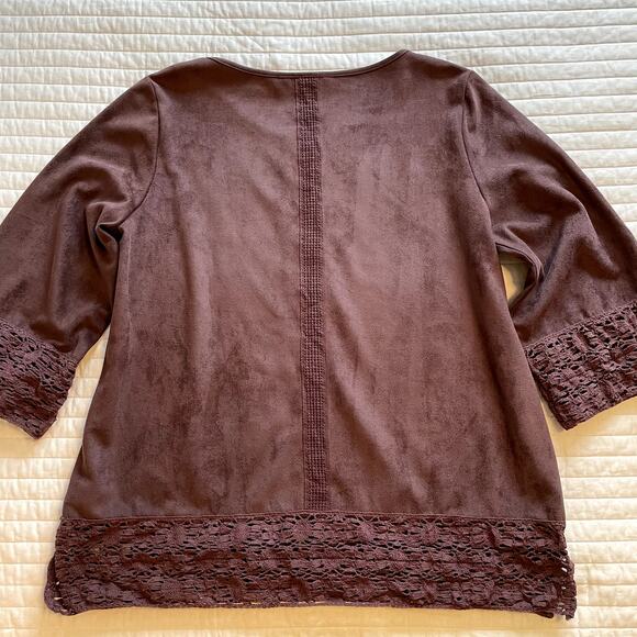 Soft Surroundings Women's Faux Suede Crochet Trim Pullover, size Large - Picture 2 of 8